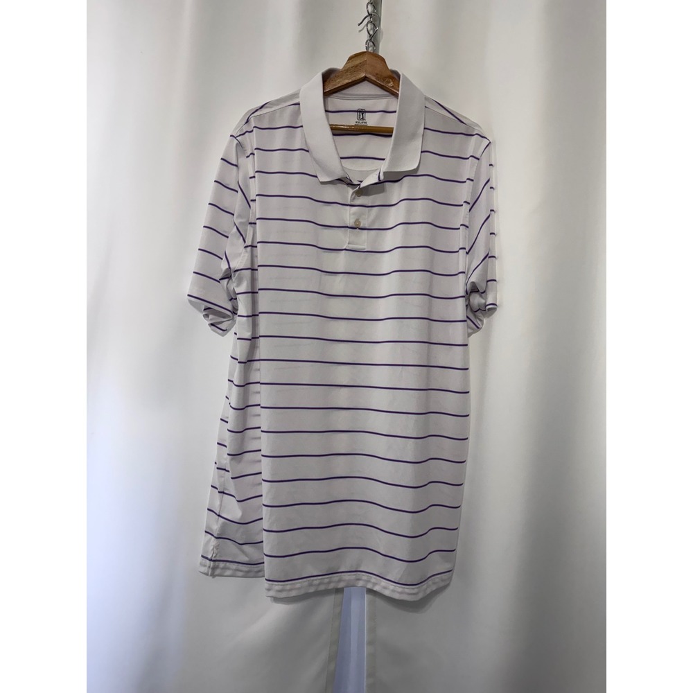 PGA Tour Mens XXL White Purple Striped Performance Golf Polo Shirt Short Sleeve